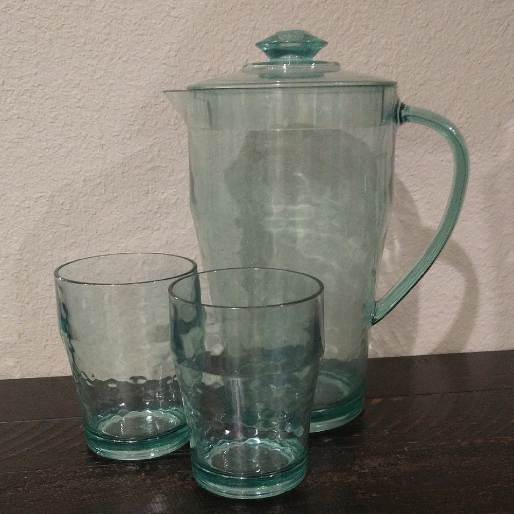 Plastic Pitcher and Matching Two Cups